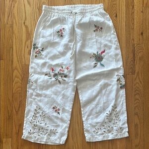 Johnny Was L white Embroidered linen lounge pants drawstring and elastic waist